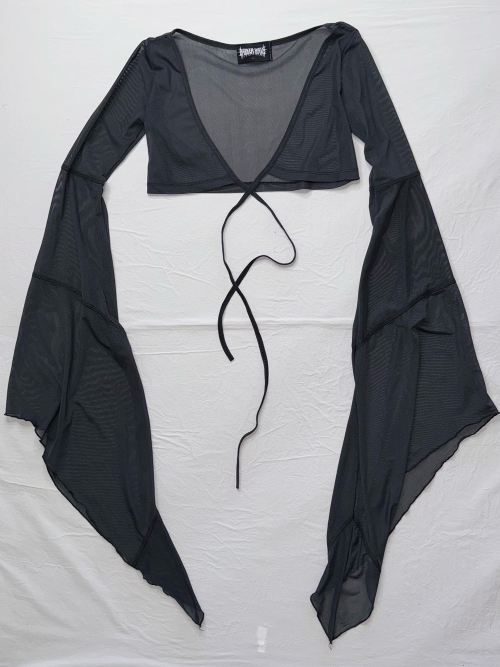 Dolls Kill - Sheer Charcoal Mesh Wrap Crop Top with Dramatic Bell Sleeves